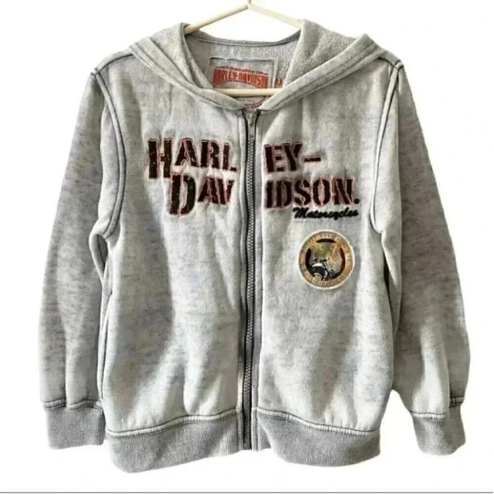 Harley Davidson Kids Sweatshirt Zip Up Hoodie Grey Unisex Size 6